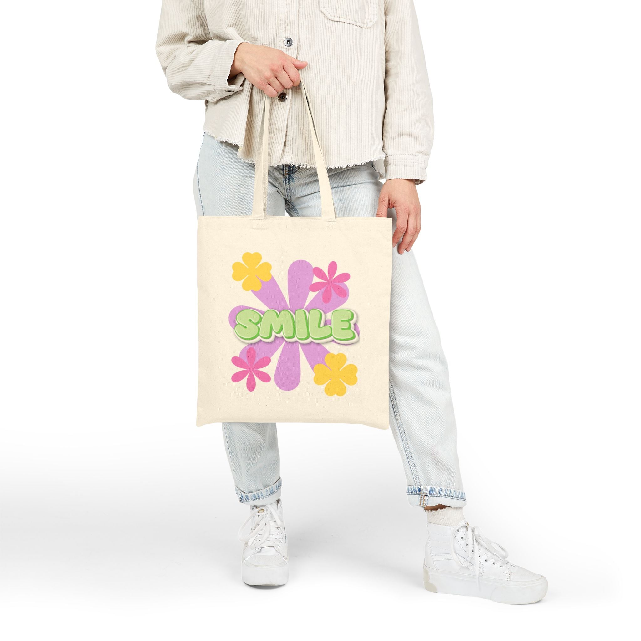Canvas Tote Bag — Retro Floral “SMILE” Eco Shopper (Positive Message)