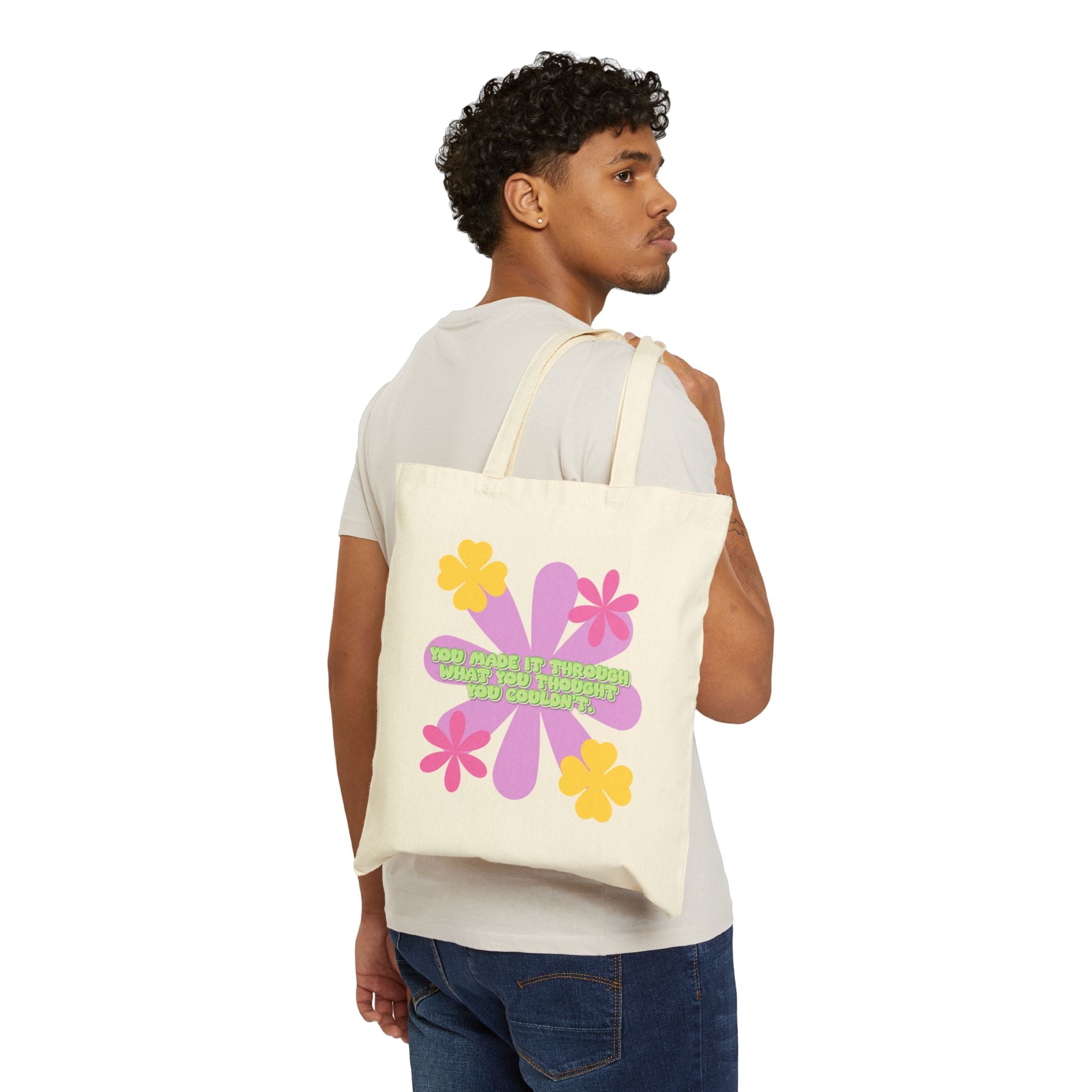 Canvas Tote Bag — Retro Floral “SMILE” Eco Shopper (Positive Message)