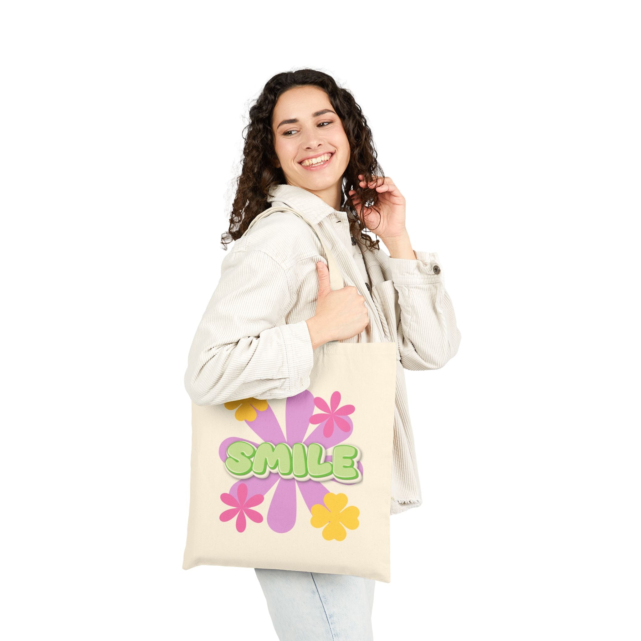 Canvas Tote Bag — Retro Floral “SMILE” Eco Shopper (Positive Message)