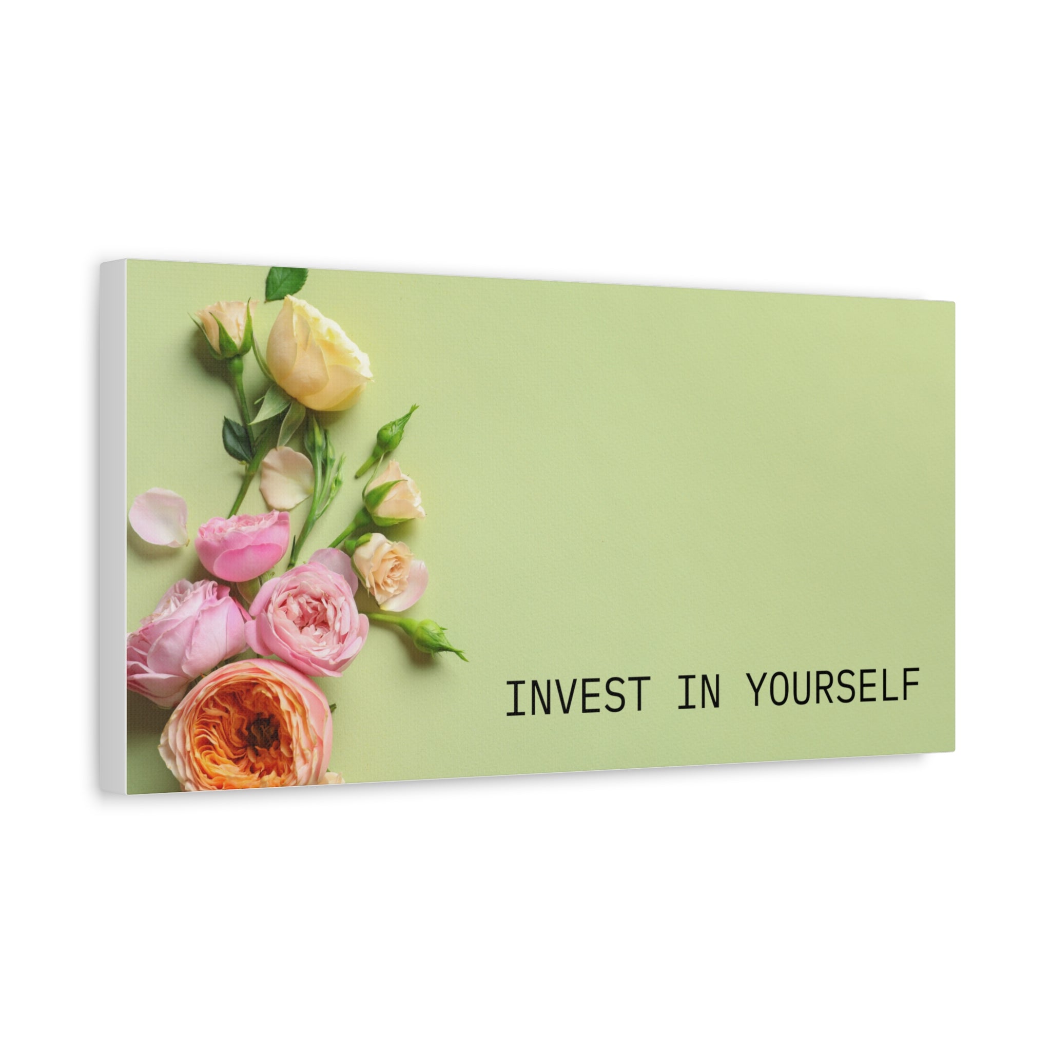 Motivational Wall Canvas - "Invest in Yourself" Floral Stretched Canvas