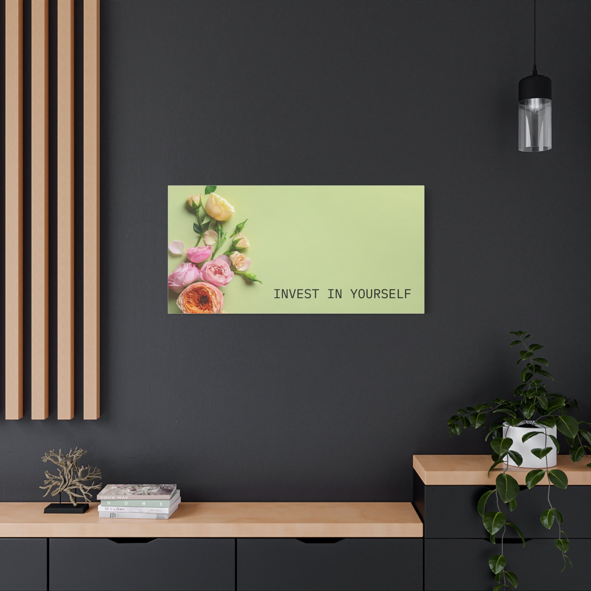 Motivational Wall Canvas - "Invest in Yourself" Floral Stretched Canvas