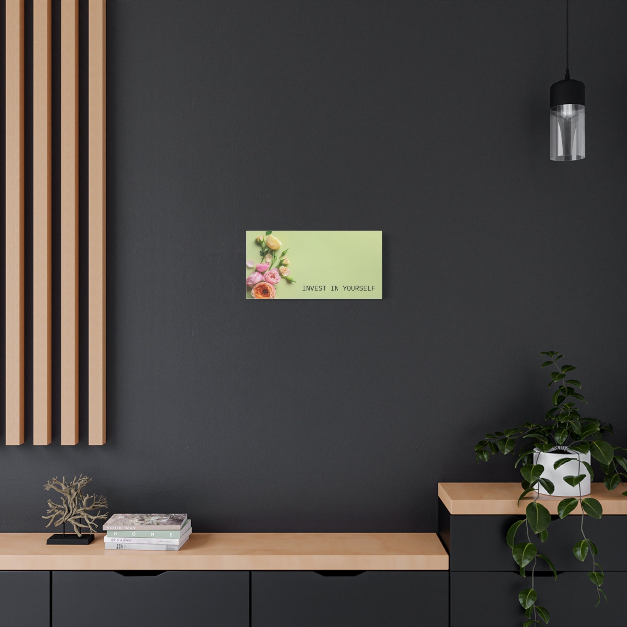Motivational Wall Canvas - "Invest in Yourself" Floral Stretched Canvas