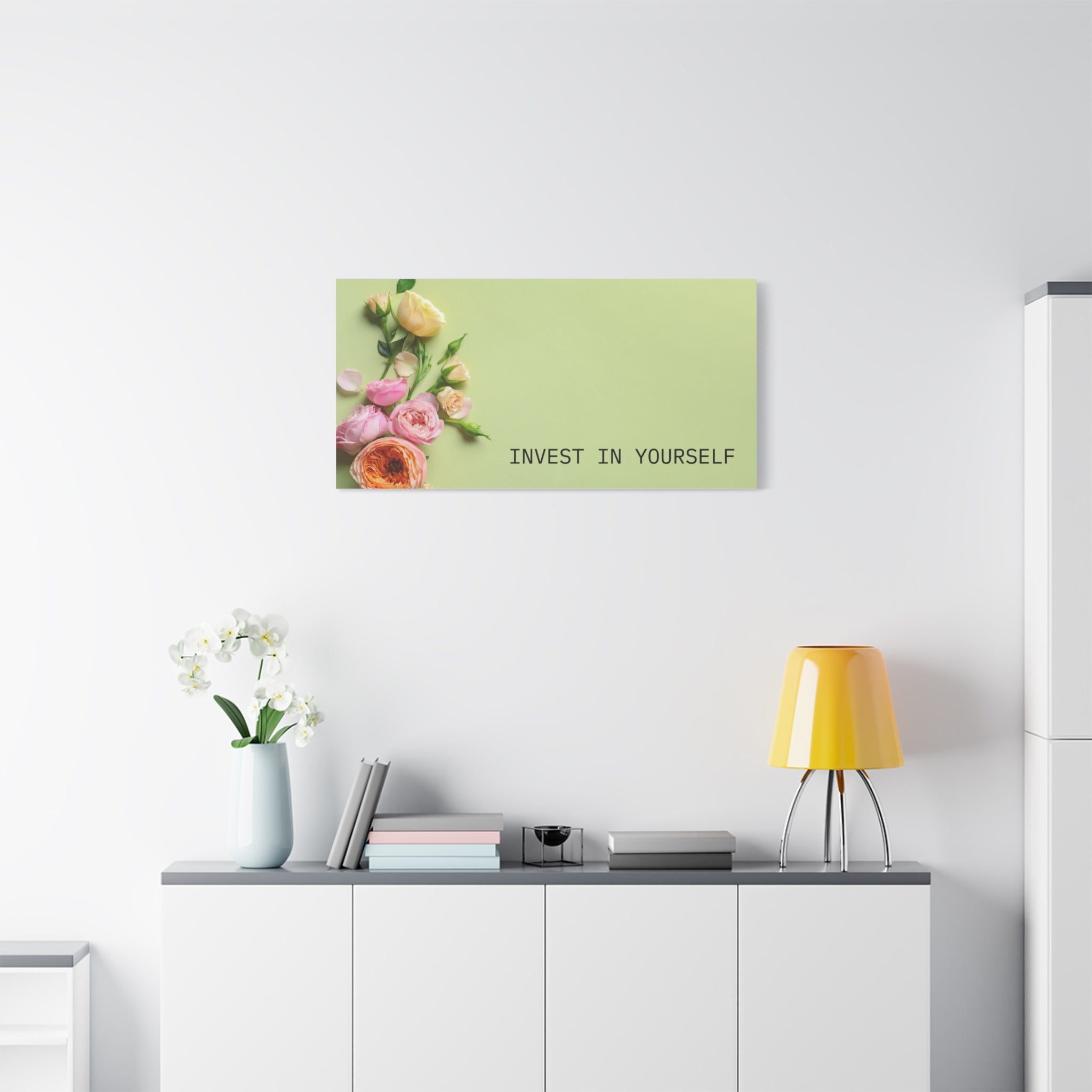 Motivational Wall Canvas - "Invest in Yourself" Floral Stretched Canvas