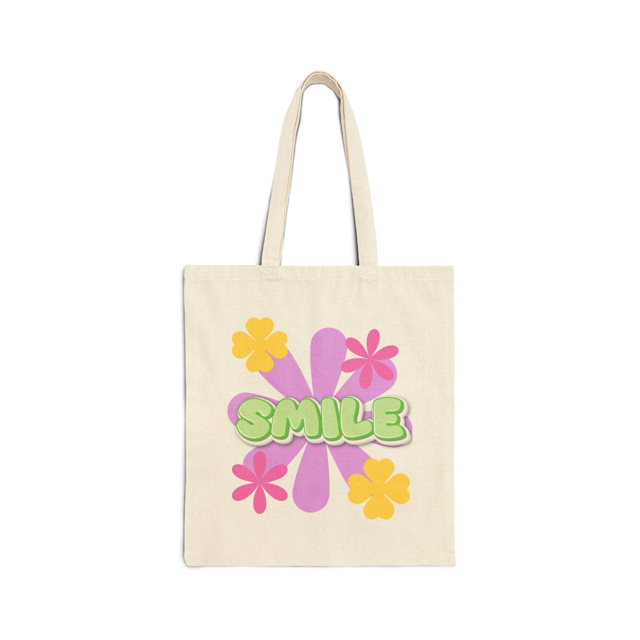 Canvas Tote Bag — Retro Floral “SMILE” Eco Shopper (Positive Message)