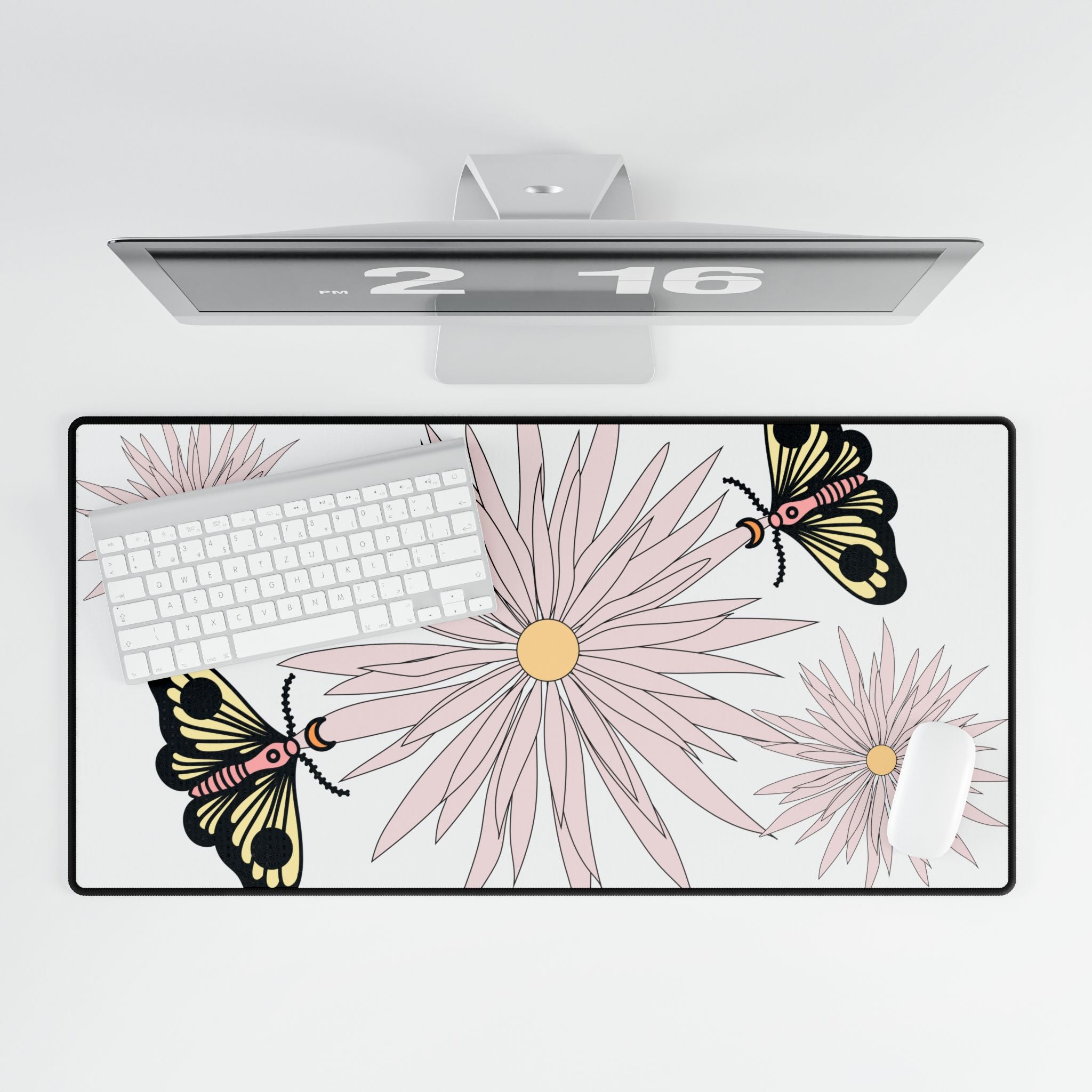 Floral Butterfly Desk Mat — Pastel Daisies Mouse Pad